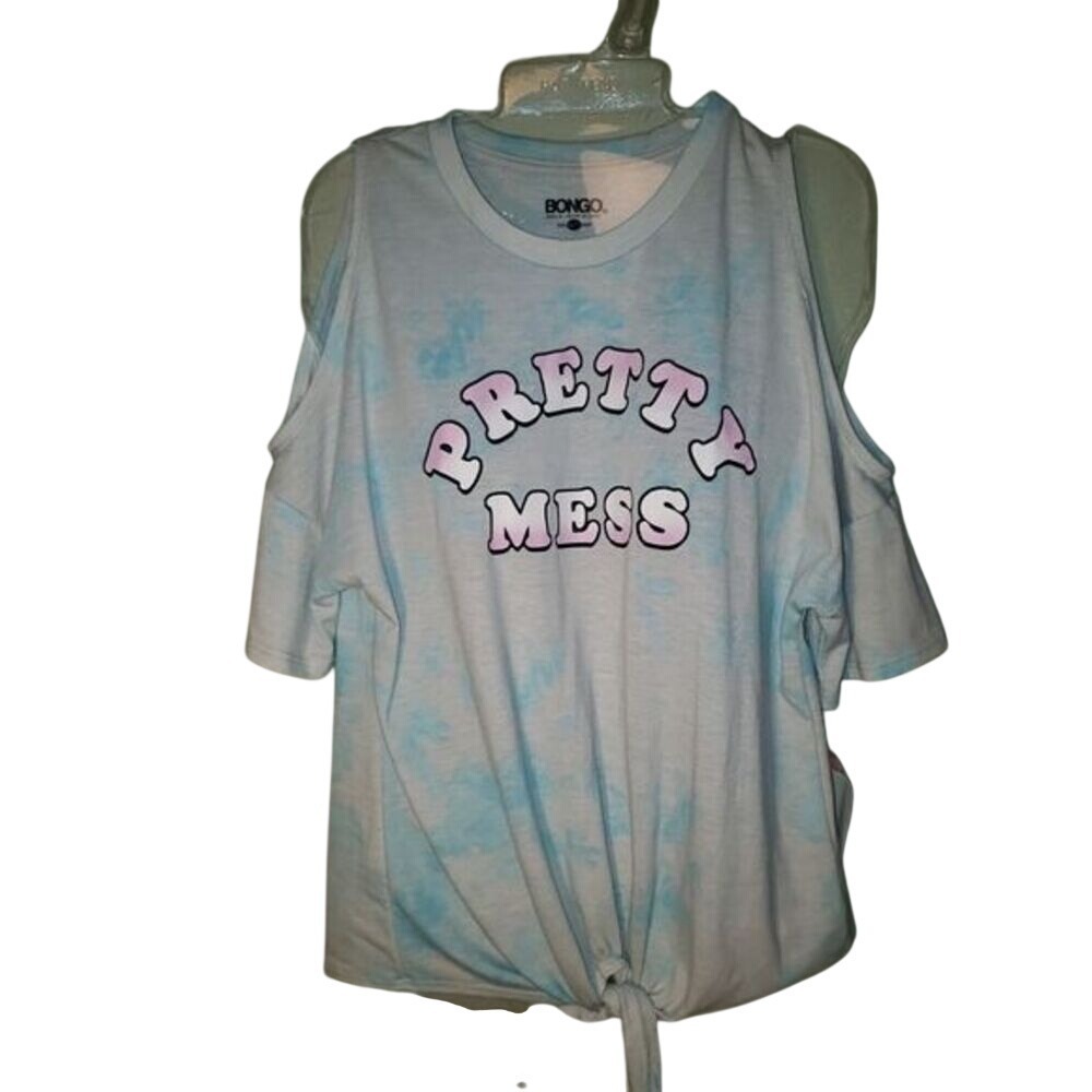 Bongo Cold Shoulder Tee Jr Womens Large Pretty Mess Blue Tie Dye Tie Top New